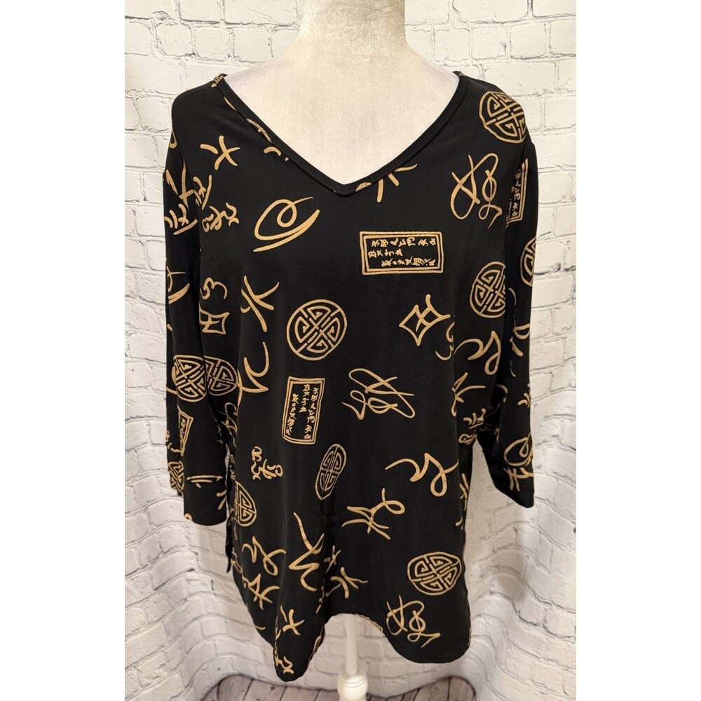 Susan Graver Style QVC Black Gold Lustra Knit Asian Print V-neck Tunic Plus 1X